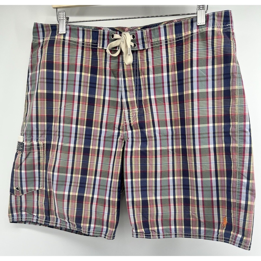 Vtg Polo Ralph Lauren Cargo Board Shorts Plaid Tagged 34 Actual 36 9" Inseam